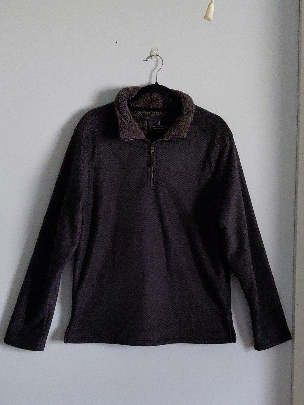 London Fog Black Quarter-Zip Fleece Sherpa Collar Pullover Sweater Preppy Fall M